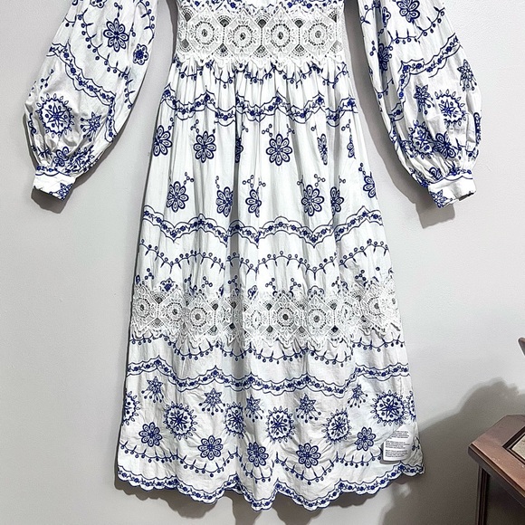 NWT ASOS Broderie Blouson Sleeve Midi Dress w/ Contrast Embroidery MSRP$260 - Picture 2 of 16